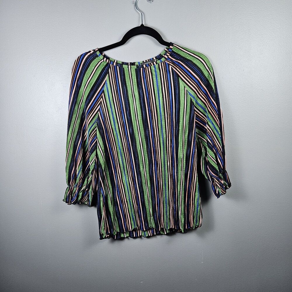 Halogen Striped‎ Top Blouse Lettuce Edged Hem Size Small Green/blue Pink Retro